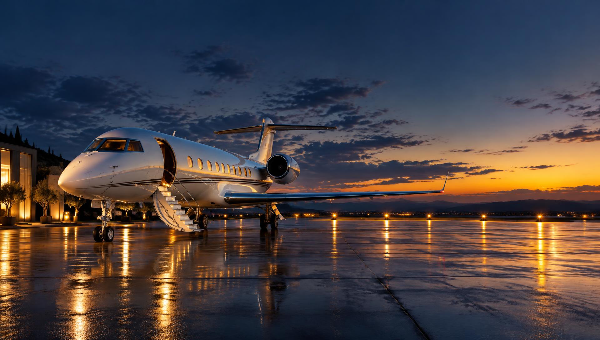 Gün batımında pistte özel jet